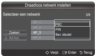 Draadloos netwerk instellen Selecteer een netwerk 3/9 AP_1 PBC AP_2 PIN AP_3 Bev. sleutel AP_4 Zoeken Ad-hoc Verpl. Enter Terug