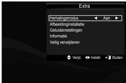 Extra Herhalingsmodus ← Aan ► Afbeeldinginstallatie Geluidsinstellingen Informatie Veilig verwijderen ◆ Verpl. ◀ Instell. → i j Stuiten