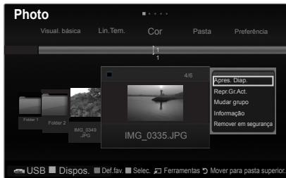 Photo Visual. básica Lin. Tem. Cor Pasta Preferência 1 4/6 Ipress Disap Repr.Gri.Act. Mudar grupo Informação Remover em segurança Folder 1 Folder 2 IMG_0345.JPG IMG_0335.JPG USB Dispos. Def fav. Selec Ferramentas Mover para pasta superior