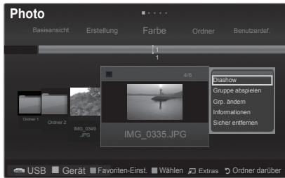 Photo Basisansicht Erstellung Farbe Ordnier Benutzerdef. 1 1 4/6 Bashow Gruppe abspielen Grp. ändern Informationen Sicher entternen Ordnier 1 Ordnier 2 IMG_0340 JPG IMG_0335.JPG USB Gerät Favoriten-Einst. Wählen Extras Ordnier darüber