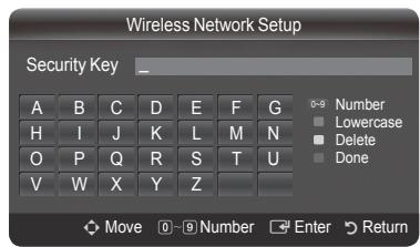 Wireless Network Setup Security Key _ A B C D E F G H I J K L M N O P Q R S T U V W X Y Z 0-9 Number Lowercase Delete Done Move 0-9 Number Enter Return