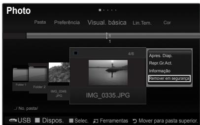 Photo Pasta Preferência Visual. básica Lin.Tem. Cor 1 4/6 Apres. Diap. Repr. Cr.Act. Informação Remover em segurança Folder 1 Folder 2 IMG_0348.JPG IMG_0335.JPG ../ No. pasta/ USB Dispos. Selec. Ferramentas Mover para pasta superior.