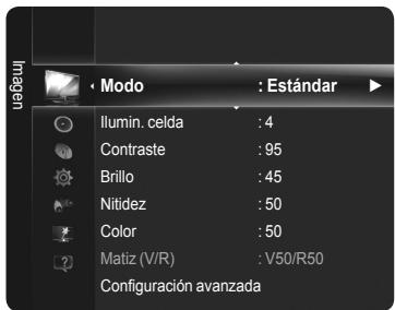 Modo : Estándar Ilumin. celda : 4 Contraste : 95 Brillo : 45 Nitidez : 50 Color : 50 Matiz (V/R) : V50/R50 Configuración avanzada
