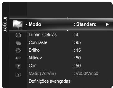 Modo : Standard Lumin. Células : 4 Contraste : 95 Brilho : 45 Nitidez : 50 Cor : 50 Matiz (Vd/Vm) : Vd50/Vm50 Definições avançadas