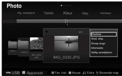 Photo Alg. weergave Tijdslijn Kleur Map Voorkeur 1 1 4/6 Hashow Huid. afsp. Groep wzgn Informatie Veilig verwijderen Folder 1 Folder 2 IMG_0340 JPG IMG_0335.JPG USB Apparaat Fav. inst. Keuze Extra Bovenste map