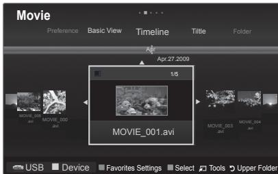 Movie Preference Basic View Timeline Title Folder Apr 27 2009 1/5 MOVIE_001.avi MOVIE_000 MOVIE_003 MOVIE_004 USB Device Favorites Settings Select Tools Upper Folder