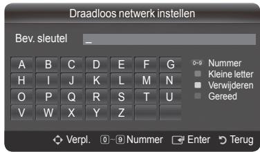Draadloos netwerk instellen Bev. sleutel _ A B C D E F G H I J K L M N O P Q R S T U V W X Y Z 0-9 Nummer Kleine letter Verwijderen Gereed Verpl. 0-9 Nummer Enter Terug