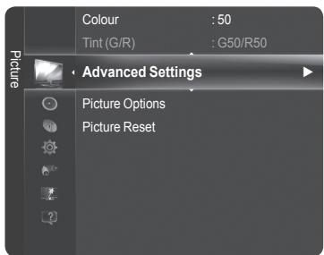 Colour : 50 Tint (G/R) : G50/R50 Picture Advanced Settings Picture Options Picture Reset