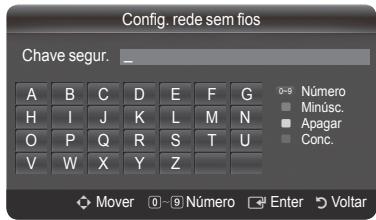 Config. rede sem fios Chave segur. _ A B C D E F G H I J K L M N O P Q R S T U V W X Y Z 0-9 Número Minúsc. Apagar Conc. Mover 0~0 Número Enter Voltar