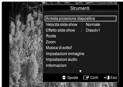 Strumenti Arresta proiezione diapositive Velocità slide show : Normale Effetto slide show : Dissolv1 Ruota Zoom Musica di sottof Impostazioni immagine Impostazioni audio Informazioni Sposta Conf. Esci