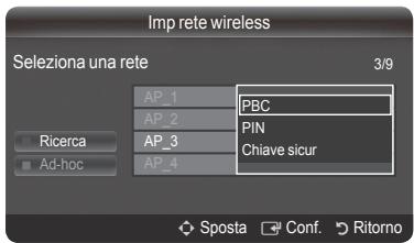 Imp rete wireless Seleziona una rete 3/9 AP_1 PBC AP_2 PIN AP_3 Chiave sicur AP_4 Ricerca Ad-hoc Sposta Conf. Ritorno