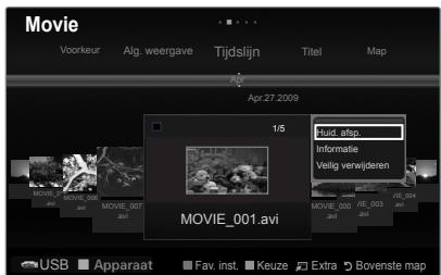 Movie Voorkeur Atg. weergave Tijdslijn Titel Map Apr 27 2009 1/5 Hud_atsp. Informatie Veilig verwijderen MOVIE_001.avi MOVIE_007 MOVIE_008 MOVIE_009 MOVIE_001.avi USB Apparaat Fav. inst. Keuze Extra Bovenste map