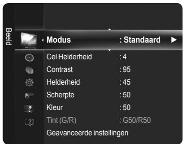 Beeld Modus : Standaard Cel Helderheid : 4 Contrast : 95 Helderheid : 45 Scherpte : 50 Kleur : 50 Tint (G/R) : G50/R50 Geavanceerde instellingen