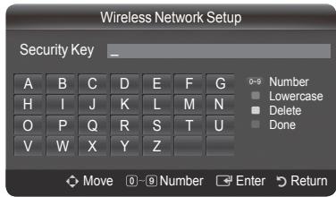 Wireless Network Setup Security Key _ A B C D E F G H I J K L M N O P Q R S T U V W X Y Z 0-9 Number Lowercase Delete Done Move 0-9 Number Enter Return