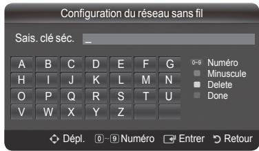 Configuration du réseau sans fil Sais. clé séc. _ A B C D E F G H I J K L M N O P Q R S T U V W X Y Z 0-9 Numéro Minuscule Delete Done Dépl. 0-9 Numéro Entrer Retour