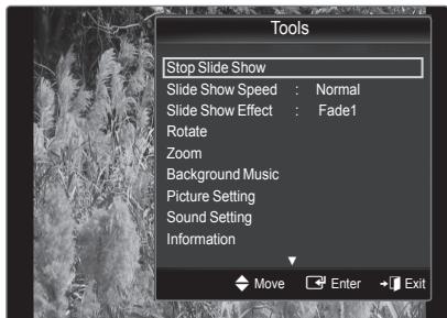Tools Stop Slide Show Slide Show Speed : Normal Slide Show Effect : Fade1 Rotate Zoom Background Music Picture Setting Sound Setting Information Move Enter Exit