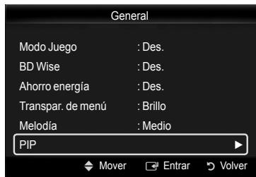 General Modo Juego : Des. BD Wise : Des. Ahorro energía : Des. Transpar. de menú : Brillo Melodía : Medio PIP Mover Entrar Volver