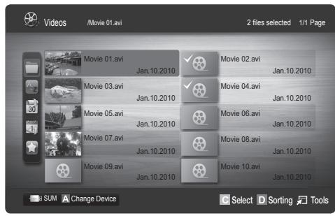 Videos /Movie 01.avi 2 files selected 1/1 Page Movie 01.avi Jan.10.2010 Movie 02.avi Jan.10.2010 Movie 03.avi Jan.10.2010 Movie 04.avi Jan.10.2010 Movie 05.avi Jan.10.2010 Movie 06.avi Jan.10.2010 Movie 07.avi Jan.10.2010 Movie 08.avi Jan.10.2010 Movie 09.avi Jan.10.2010 Movie 10.avi Jan.10.2010 B SUM A Change Device C Select D Sorting Tools