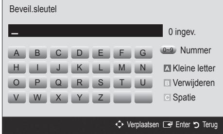Beveil.sleutel 0 ingev. A B C D E F G H I J K L M N O P Q R S T U V W X Y Z Nummer A Kleine letter B Verwijderen C Spatie Verplaatsen Enter Terug