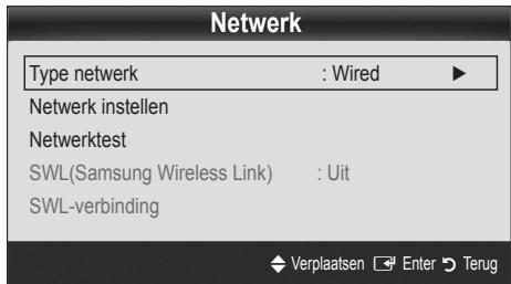 Netwerk Type netwerk : Wired ▶ Netwerk instellen Netwerktest SWL(Samsung Wireless Link) : Uit SWL-verbinding Verplaatsen Enter Terug