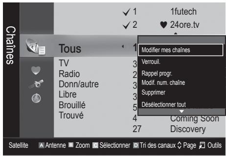 1futech 24ore.tv Chains Tous 1 Modifier mes chaînes Verrouil. Rappel progr. Modif. num. chaîne Supprimer Désélectionner tout Coming Soon Discovery TV Radio Donn/autre Libre Brouillé Trouvé 27 Satellite Antenne Zoom Sélectionner Tri des canaux Page Outils