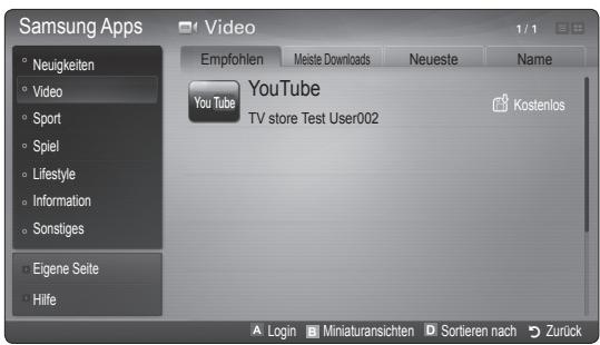 Samsung Apps Video Empfohlen Meiste Downloads Neueste Name Neuigkeiten Video Sport Spiel Lifestyle Information Sonstiges Eigene Seite Hilfe YouTube TV store Test User002 Kostenlos Login Miniaturansichten Sortieren nach Zurück