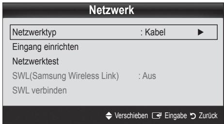 Netzwerk Netzwerktyp : Kabel ► Eingang einrichten Netzwerktest SWL(Samsung Wireless Link) : Aus SWL verbinden Verschieben Eingabe Zurück