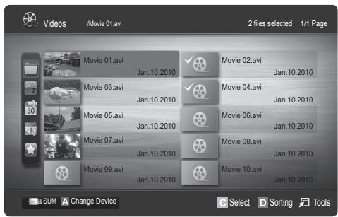 Videos /Movie 01.avi 2 files selected 1/1 Page Movie 01.avi Jan.10.2010 Movie 02.avi Jan.10.2010 Movie 03.avi Jan.10.2010 Movie 04.avi Jan.10.2010 Movie 05.avi Jan.10.2010 Movie 06.avi Jan.10.2010 Movie 07.avi Jan.10.2010 Movie 08.avi Jan.10.2010 Movie 09.avi Jan.10.2010 Movie 10.avi Jan.10.2010 a SUM A Change Device Select D Sorting Tools