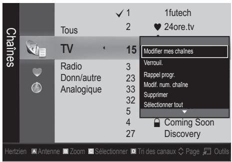1futech ♥ 24ore.tv Tous TV Radio Donn/autre Analogique 15 3 23 33 32 5 4 27 Modifier mes chaînes Verrouil. Rappel progr. Modif. num. chaîne Supprimer Sélectionner tout Coming Soon Discovery Hertzien Antenne Zoom Sélectionner Tri des canaux Page Outils
