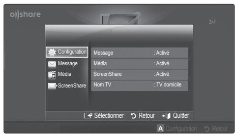 o|share Configuration Message : Activé Média : Activé Media ScreenShare : Activé Nom TV : TV domicile Sélectionner Retour Quitter Configuration Return