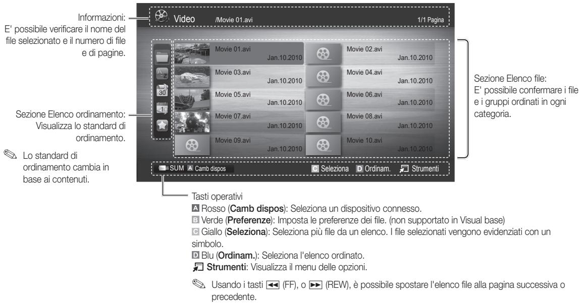 Informazioni: E' possibile verificare il nome del file selezionato e il numero di file e di pagine. Sezione Elenco ordinamento: Visualizza lo standard di ordinamento. Lo standard di ordinamento cambia in base ai contenuti. Video /Movie 01.avi 1/1 Pagina Movie 01.avi Jan.10.2010 Movie 02.avi Jan.10.2010 Movie 03.avi Jan.10.2010 Movie 04.avi Jan.10.2010 Movie 05.avi Jan.10.2010 Movie 06.avi Jan.10.2010 Movie 07.avi Jan.10.2010 Movie 08.avi Jan.10.2010 Movie 09.avi Jan.10.2010 Movie 10.avi Jan.10.2010 SUM Camb dispos Selezione Ordinam Strumenti Tasti operativi Rosso (Camb dispos): Seleziona un dispositivo connesso. Verde (Preferenze): Imposta le preferenze dei file. (non supportato in Visual base) Giallo (Seleziona): Seleziona più file da un elenco. I file selezionati vengono evidenziati con un simbolo. Blu (Ordinam).: Seleziona l'elenco ordinato. Strumenti: Visualizza il menu delle opzioni. Usando i tasti (FF), o (REW), è possibile spostare l'elenco file alla pagina successiva o precedente.