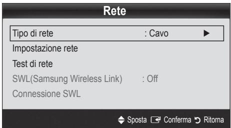 Rete Tipo di rete : Cavo ► Impostazione rete Test di rete SWL(Samsung Wireless Link) : Off Connessione SWL ◆ Sposta ▼ Conferma ▶ Ritorna
