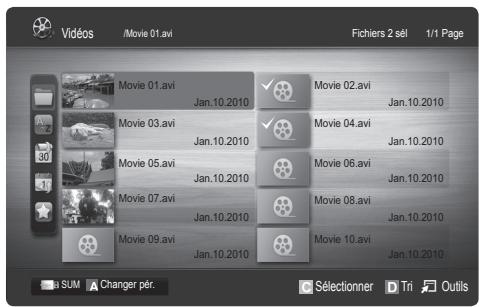 Vidésos /Movie 01.avi Fichiers 2 sél 1/1 Page Movie 01.avi Jan.10.2010 Movie 02.avi Jan.10.2010 Movie 03.avi Jan.10.2010 Movie 04.avi Jan.10.2010 Movie 05.avi Jan.10.2010 Movie 06.avi Jan.10.2010 Movie 07.avi Jan.10.2010 Movie 08.avi Jan.10.2010 Movie 09.avi Jan.10.2010 Movie 10.avi Jan.10.2010 a SUM A Changer pér. C Sélectionner D Tri Outils