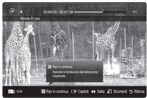 00:04:03 / 00:07:38 Movie 01.avi D Ripir in continuo Riprende la riproduzione dal'ultima scena visuelizzata. SUM D Ripir in continuo Capitoli Salta Strumenti Ritorna