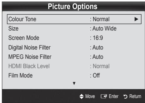 Picture Options Colour Tone : Normal ▶ Size : Auto Wide Screen Mode : 16:9 Digital Noise Filter : Auto MPEG Noise Filter : Auto HDMI Black Level : Normal Film Mode : Off Move Enter Return