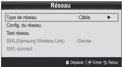 Réseau Type de réseau : Câble ▶ Config. du réseau Test réseau SWL(Samsung Wireless Link) : Eteinte SWL connect Déplacer Entrer Retour