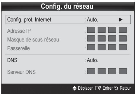Config. du réseau Config. prot. Internet : Auto. Adresse IP : Masque de sous-réseau : Passerelle : DNS : Auto. Serveur DNS : Déplacer Entrer Retour