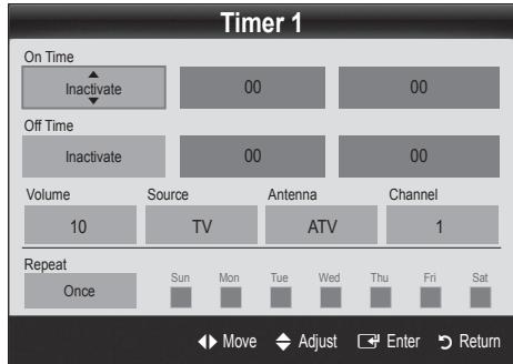 Timer 1 On Time Inactivate 00 00 Off Time Inactivate 00 00 Volume 10 Source TV Antenna ATV Channel 1 Repeat Once Sun Mon Tue Wed Thu Fri Sat Move Adjust Enter Return