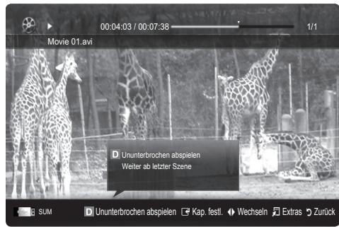 00:04:03 / 00:07:38 Movie 01.avi Ununterbrochen abspielen Welter ab letzter Szene SUM Ununterbrochen abspielen Kap. festl. Wechseln Extras Zurück
