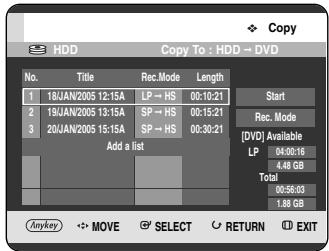 Copy HDD Copy To : HDD → DVD No. Title Rec.Mode Length 1 18JAN2005 12:15A LP → HS 00:10:21 2 19JAN2005 13:15A SP → HS 00:15:21 3 20JAN2005 15:15A SP → HS 00:30:21 Add a list Start Rec. Mode [DVD] Available LP 04:00:16 4.46 GB Total 00:56:03 1.88 GB Anykey MOVE SELECT RETURN EXIT