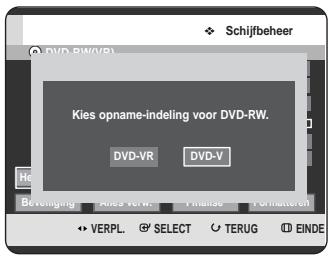Schijfbeheer DVD RW/8/ Kies opname-indeling voor DVD-RW. DVD-VR DVD-V Beverging Aloa Verw... Finanse Einsteu VERPL SELECT TERUG EINDE