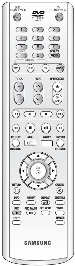 DVD STANDBY/ON DVD VIDEO AUDIO 1 2 3 4 5 6 7 8 9 TV/DVD 0 TV MUTE AUDIO SELECT DVD HDD TV INPUT TV VOL PROG OPEN/CLOSE + - CM SKIP TITLE LIST MENU ANYKEY PLAY LIST DISC MENU TITLE MENU OK RETURN CANCEL INFO REPEAT REPEAT SUBTITLE REC REC PAUSE REC MODE TIMER COPY MARKER SAMSUNG