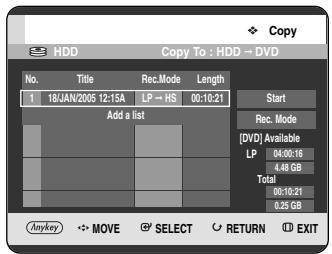 Copy HDD Copy To : HDD - DVD No. Title Rec.Mode Length 1 18JAN/2005 12:15A LP → HS 00:10:21 Add a list Start Rec. Mode [DVD] Available LP 04:00:16 4.48 GB Total 00:10:21 0.25 GB Anykey MOVE SELECT RETURN EXIT