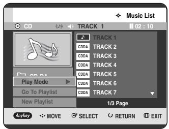 Music List CD TRACK 1 02 : 10 Track 1 C00A TRACK 2 C00A TRACK 3 C00A TRACK 4 C00A TRACK 5 C00A TRACK 6 C00A TRACK 7 Play Mode Go To Playlist New Playlist 1/3 Page Anykey MOVE SELECT RETURN EXIT