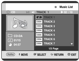 Music List CD CD-DA 01/15 04:57 TRACK 1 C00A TRACK 2 C00A TRACK 3 C00A TRACK 4 C00A TRACK 5 C00A TRACK 6 C00A TRACK 7 1/3 Page Anykey MOVE SELECT RETURN EXIT