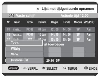 Lijst met tijdgestuurde opnamen Vaste schijf Actuele tijd 12:00 Nr. Naar Bron Datum Begin Einde Modus VPS/PDC 01 Vaste... PR 02 01 Jan 12:00 14:00 SP Aan 02 Vaste... PR 07 15 Jan 14:10 14:30 SP Aan 03 Toev... APD 01 Jan 15:10 15:30 SP Aan Toev. jst toevoegen Wijzig Verw. Historiellijst . 29:10 SP Anykey VERPL SELECT TERUG EINDE
