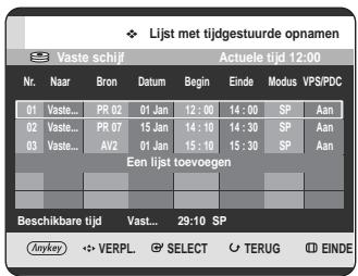 Lijst met tijdgestuurde opnamen Vaste schijf Actuele tijd 12:00 Nr. Naar Bron Datum Begin Einde Modus VPS/PDC 01 Vaste... PR 02 01 Jan 12:00 14:00 SP Aan 02 Vaste... PR 07 15 Jan 14:10 14:30 SP Aan 03 Vaste... AV2 01 Jan 15:10 15:30 SP Aan Een lijst toevoegen Beschikbare tijd Vast... 29:10 SP Anykey VERPL SELECT TERUG EINDE