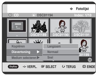 Fotlijst CD DSC01194 Index: 1/10 DSC01189 DSC01190 DSC01191 Kopieren Langzaam Diavertoning Normaal Medium selecteren Snel N01199 Anykey VERPL.SELECT TERUG EINDE