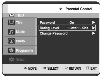 Parental Control Password : On Rating Level : Level1 - Kids Change Password Setup MOVE SELECT RETURN EXIT