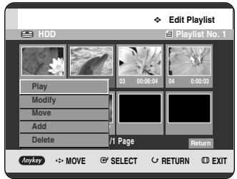 Edit Playlist Play Modify Move Add Delete 03 00:00:04 04 0:00:03 1 Page Return Anykey MOVE SELECT RETURN EXIT